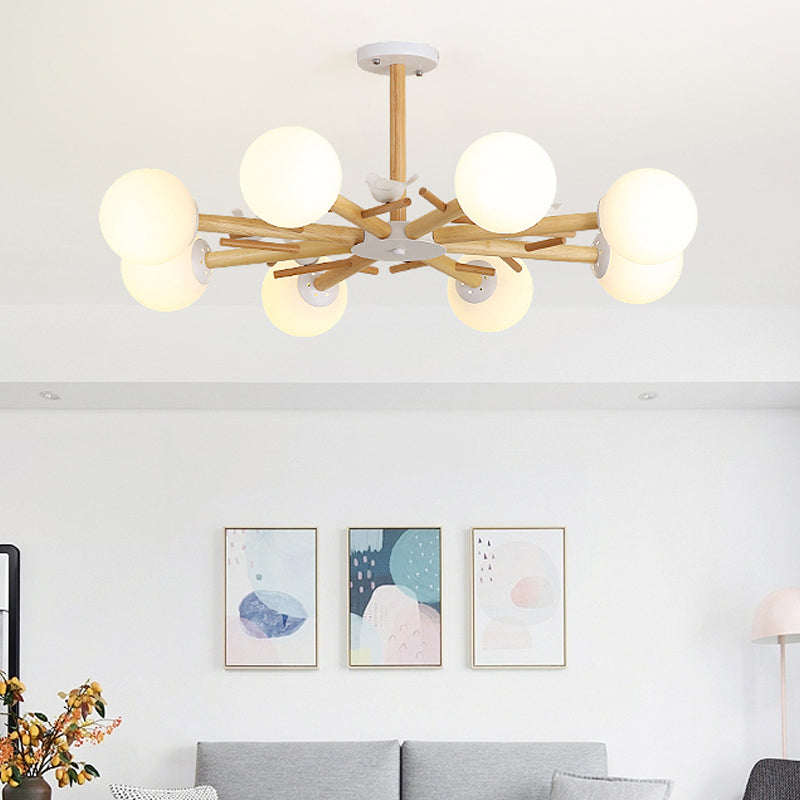 Wooden Branchlet Flush Chandelier Nordic 3/6/8 Heads White Semi Flush Ceiling Light with Ball Cream Glass/Cup Metal Shade Clearhalo 'Ceiling Lights' 'Close To Ceiling Lights' 'Close to ceiling' 'Semi-flushmount' Lighting' 1937995