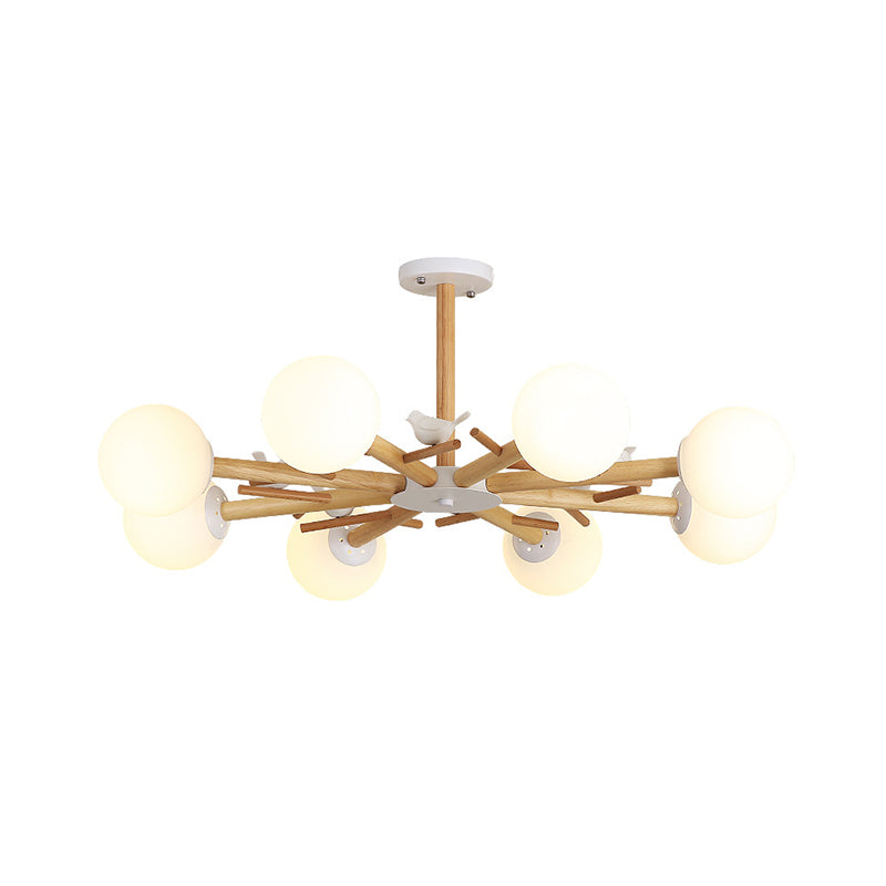 Wooden Branchlet Flush Chandelier Nordic 3/6/8 Heads White Semi Flush Ceiling Light with Ball Cream Glass/Cup Metal Shade Clearhalo 'Ceiling Lights' 'Close To Ceiling Lights' 'Close to ceiling' 'Semi-flushmount' Lighting' 1937996