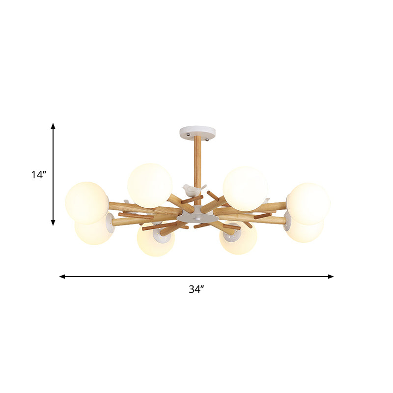 Wooden Branchlet Flush Chandelier Nordic 3/6/8 Heads White Semi Flush Ceiling Light with Ball Cream Glass/Cup Metal Shade Clearhalo 'Ceiling Lights' 'Close To Ceiling Lights' 'Close to ceiling' 'Semi-flushmount' Lighting' 1937997