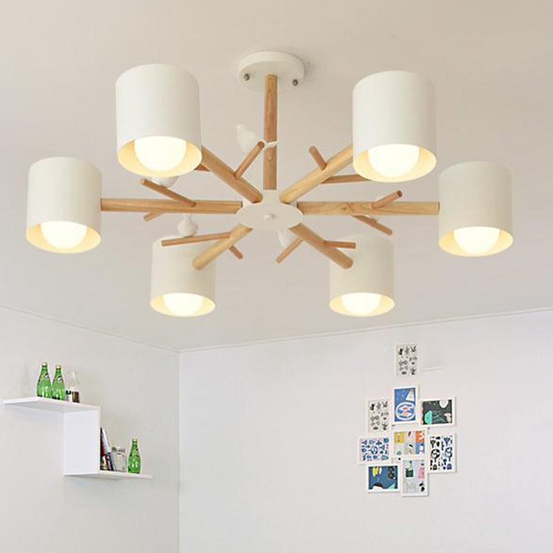 Wooden Branchlet Flush Chandelier Nordic 3/6/8 Heads White Semi Flush Ceiling Light with Ball Cream Glass/Cup Metal Shade 6 White A Clearhalo 'Ceiling Lights' 'Close To Ceiling Lights' 'Close to ceiling' 'Semi-flushmount' Lighting' 1937998