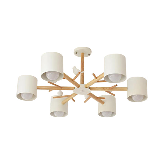 Wooden Branchlet Flush Chandelier Nordic 3/6/8 Heads White Semi Flush Ceiling Light with Ball Cream Glass/Cup Metal Shade