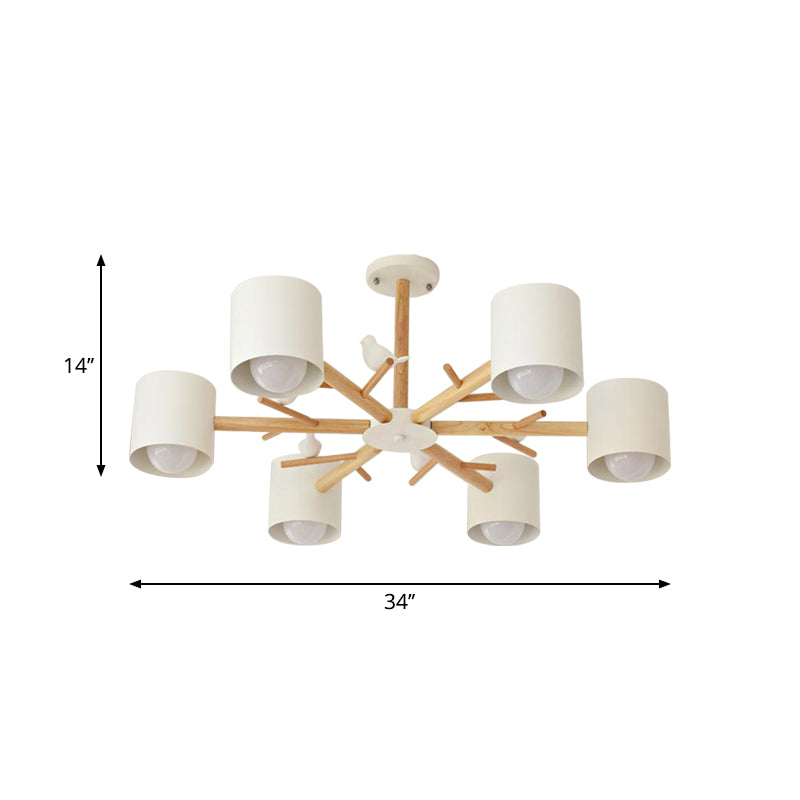 Wooden Branchlet Flush Chandelier Nordic 3/6/8 Heads White Semi Flush Ceiling Light with Ball Cream Glass/Cup Metal Shade Clearhalo 'Ceiling Lights' 'Close To Ceiling Lights' 'Close to ceiling' 'Semi-flushmount' Lighting' 1938001