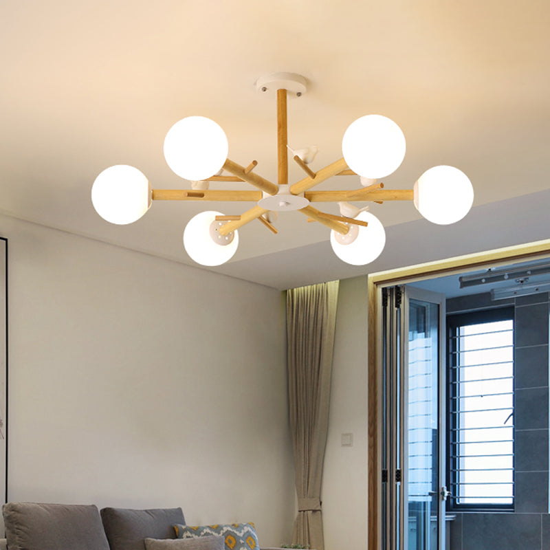 Wooden Branchlet Flush Chandelier Nordic 3/6/8 Heads White Semi Flush Ceiling Light with Ball Cream Glass/Cup Metal Shade 6 White B Clearhalo 'Ceiling Lights' 'Close To Ceiling Lights' 'Close to ceiling' 'Semi-flushmount' Lighting' 1938002