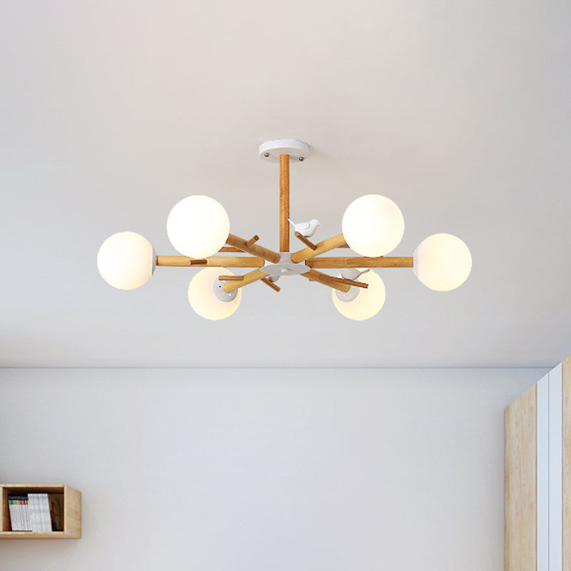 Wooden Branchlet Flush Chandelier Nordic 3/6/8 Heads White Semi Flush Ceiling Light with Ball Cream Glass/Cup Metal Shade Clearhalo 'Ceiling Lights' 'Close To Ceiling Lights' 'Close to ceiling' 'Semi-flushmount' Lighting' 1938003
