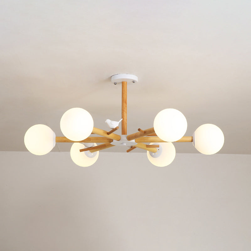 Wooden Branchlet Flush Chandelier Nordic 3/6/8 Heads White Semi Flush Ceiling Light with Ball Cream Glass/Cup Metal Shade Clearhalo 'Ceiling Lights' 'Close To Ceiling Lights' 'Close to ceiling' 'Semi-flushmount' Lighting' 1938004