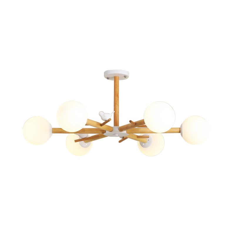 Wooden Branchlet Flush Chandelier Nordic 3/6/8 Heads White Semi Flush Ceiling Light with Ball Cream Glass/Cup Metal Shade Clearhalo 'Ceiling Lights' 'Close To Ceiling Lights' 'Close to ceiling' 'Semi-flushmount' Lighting' 1938005