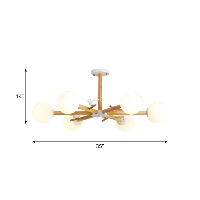 Wooden Branchlet Flush Chandelier Nordic 3/6/8 Heads White Semi Flush Ceiling Light with Ball Cream Glass/Cup Metal Shade Clearhalo 'Ceiling Lights' 'Close To Ceiling Lights' 'Close to ceiling' 'Semi-flushmount' Lighting' 1938006