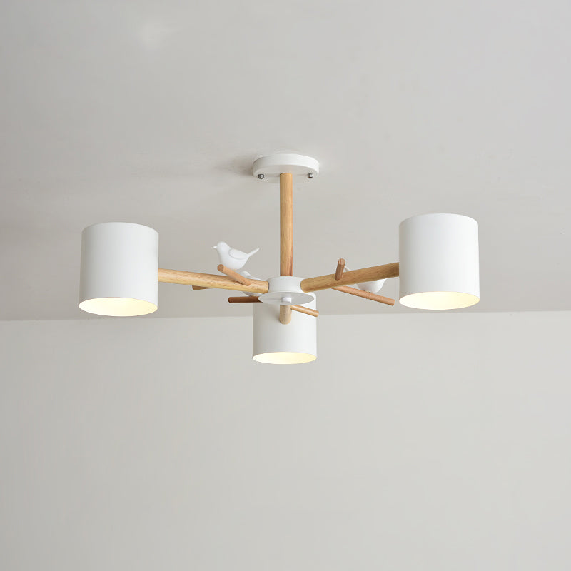 Wooden Branchlet Flush Chandelier Nordic 3/6/8 Heads White Semi Flush Ceiling Light with Ball Cream Glass/Cup Metal Shade 3 White A Clearhalo 'Ceiling Lights' 'Close To Ceiling Lights' 'Close to ceiling' 'Semi-flushmount' Lighting' 1938007