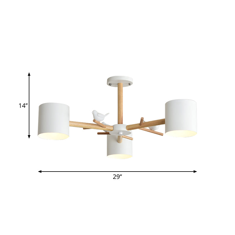 Wooden Branchlet Flush Chandelier Nordic 3/6/8 Heads White Semi Flush Ceiling Light with Ball Cream Glass/Cup Metal Shade Clearhalo 'Ceiling Lights' 'Close To Ceiling Lights' 'Close to ceiling' 'Semi-flushmount' Lighting' 1938009