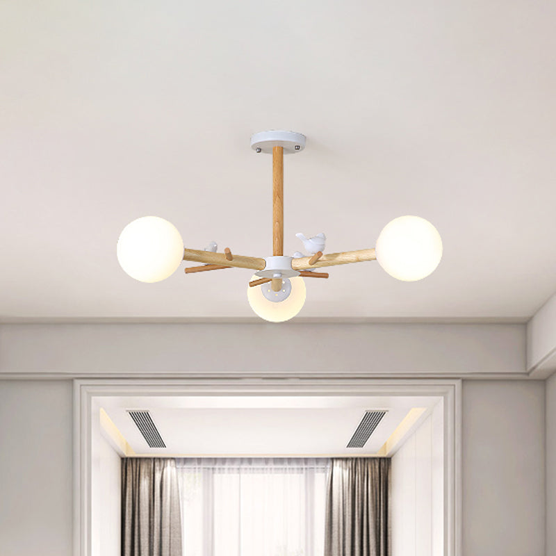 Wooden Branchlet Flush Chandelier Nordic 3/6/8 Heads White Semi Flush Ceiling Light with Ball Cream Glass/Cup Metal Shade 3 White B Clearhalo 'Ceiling Lights' 'Close To Ceiling Lights' 'Close to ceiling' 'Semi-flushmount' Lighting' 1938010