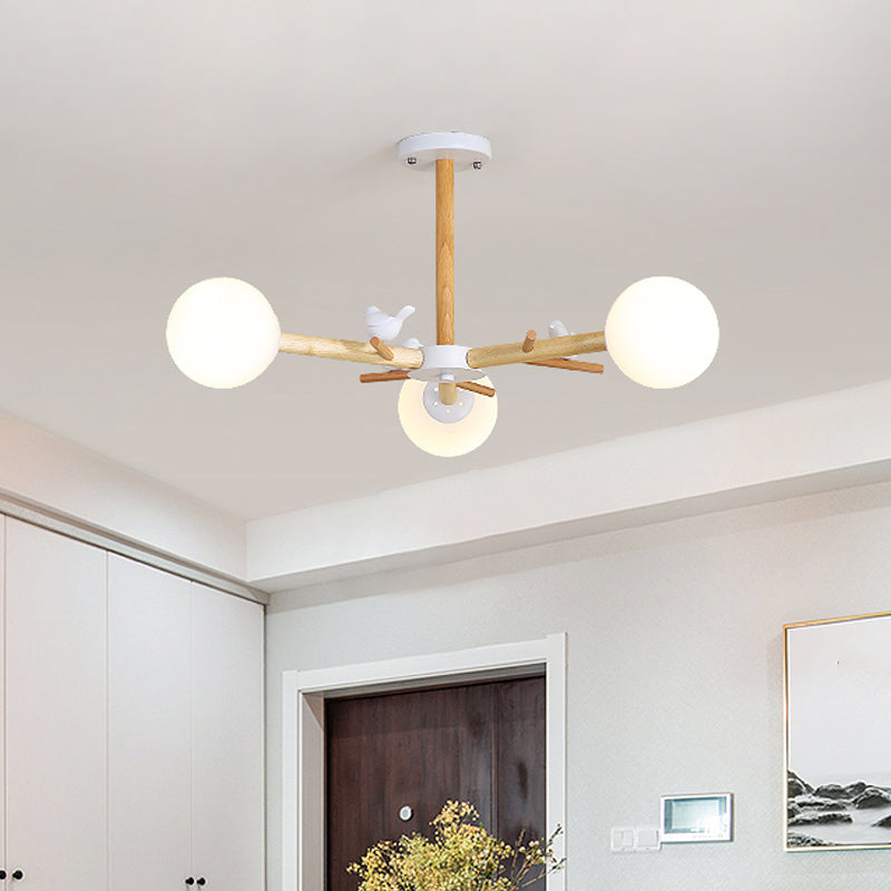 Wooden Branchlet Flush Chandelier Nordic 3/6/8 Heads White Semi Flush Ceiling Light with Ball Cream Glass/Cup Metal Shade Clearhalo 'Ceiling Lights' 'Close To Ceiling Lights' 'Close to ceiling' 'Semi-flushmount' Lighting' 1938011