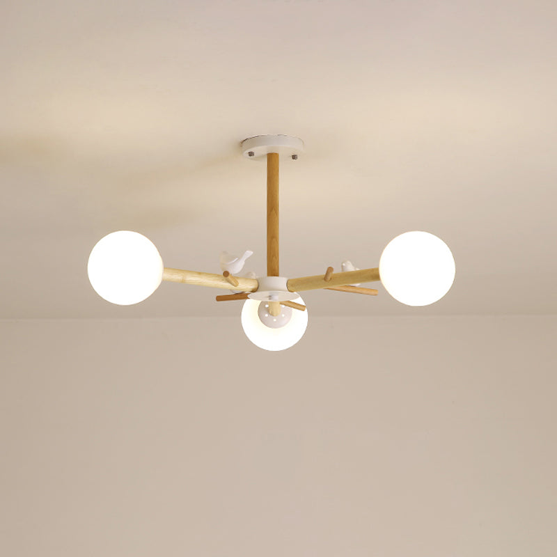 Wooden Branchlet Flush Chandelier Nordic 3/6/8 Heads White Semi Flush Ceiling Light with Ball Cream Glass/Cup Metal Shade Clearhalo 'Ceiling Lights' 'Close To Ceiling Lights' 'Close to ceiling' 'Semi-flushmount' Lighting' 1938012