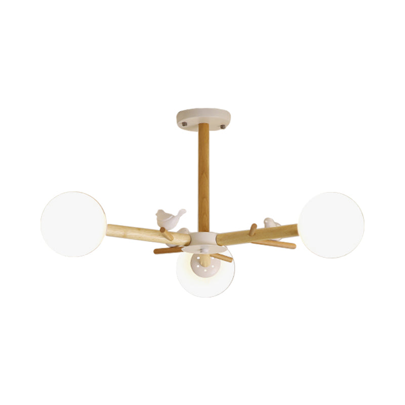 Wooden Branchlet Flush Chandelier Nordic 3/6/8 Heads White Semi Flush Ceiling Light with Ball Cream Glass/Cup Metal Shade Clearhalo 'Ceiling Lights' 'Close To Ceiling Lights' 'Close to ceiling' 'Semi-flushmount' Lighting' 1938013