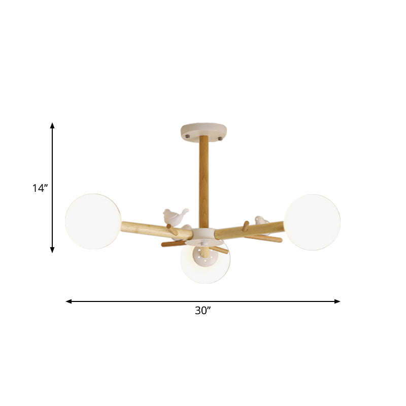 Wooden Branchlet Flush Chandelier Nordic 3/6/8 Heads White Semi Flush Ceiling Light with Ball Cream Glass/Cup Metal Shade Clearhalo 'Ceiling Lights' 'Close To Ceiling Lights' 'Close to ceiling' 'Semi-flushmount' Lighting' 1938014