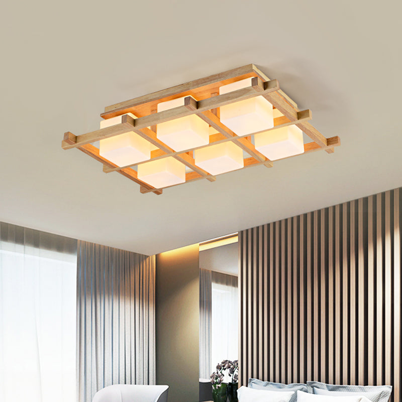 Wood Grid Semi Flush Mount Lamp Modern 4/6/9-Head Beige Ceiling Light with Square Milk Glass Shade Clearhalo 'Ceiling Lights' 'Close To Ceiling Lights' 'Close to ceiling' 'Semi-flushmount' Lighting' 1938201