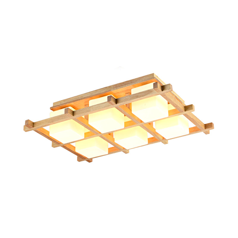 Wood Grid Semi Flush Mount Lamp Modern 4/6/9-Head Beige Ceiling Light with Square Milk Glass Shade Clearhalo 'Ceiling Lights' 'Close To Ceiling Lights' 'Close to ceiling' 'Semi-flushmount' Lighting' 1938202