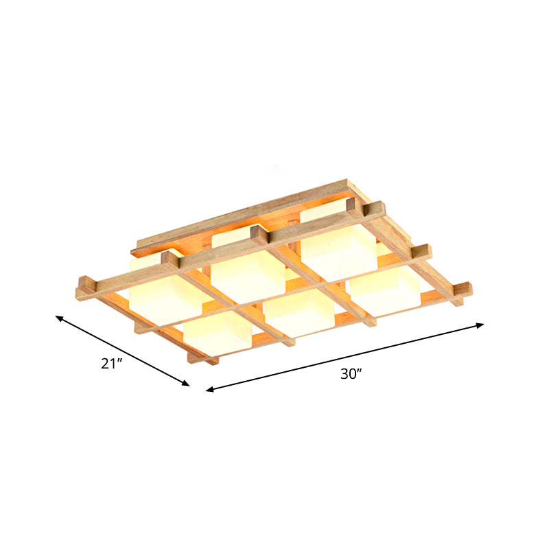 Wood Grid Semi Flush Mount Lamp Modern 4/6/9-Head Beige Ceiling Light with Square Milk Glass Shade Clearhalo 'Ceiling Lights' 'Close To Ceiling Lights' 'Close to ceiling' 'Semi-flushmount' Lighting' 1938204