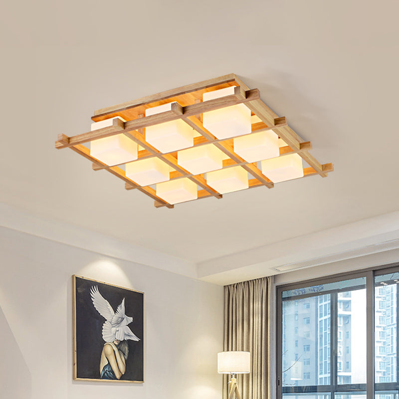 Wood Grid Semi Flush Mount Lamp Modern 4/6/9-Head Beige Ceiling Light with Square Milk Glass Shade Clearhalo 'Ceiling Lights' 'Close To Ceiling Lights' 'Close to ceiling' 'Semi-flushmount' Lighting' 1938206