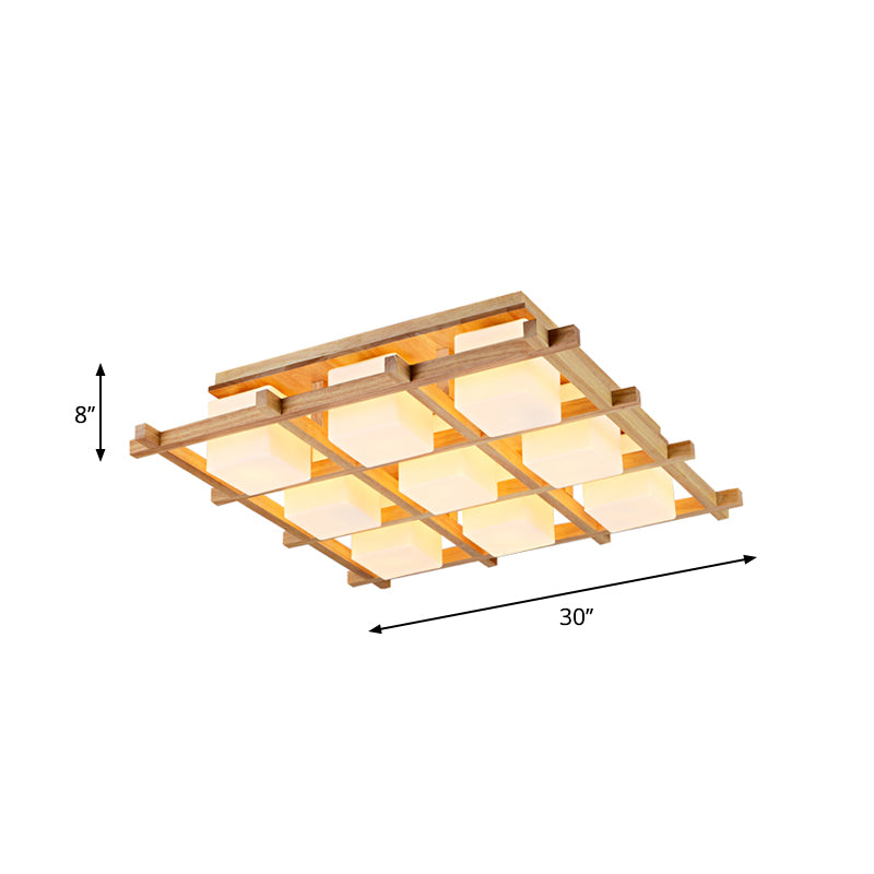 Wood Grid Semi Flush Mount Lamp Modern 4/6/9-Head Beige Ceiling Light with Square Milk Glass Shade Clearhalo 'Ceiling Lights' 'Close To Ceiling Lights' 'Close to ceiling' 'Semi-flushmount' Lighting' 1938209