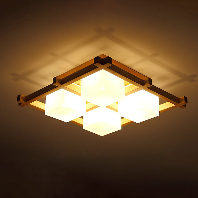 Wood Grid Semi Flush Mount Lamp Modern 4/6/9-Head Beige Ceiling Light with Square Milk Glass Shade Clearhalo 'Ceiling Lights' 'Close To Ceiling Lights' 'Close to ceiling' 'Semi-flushmount' Lighting' 1938212
