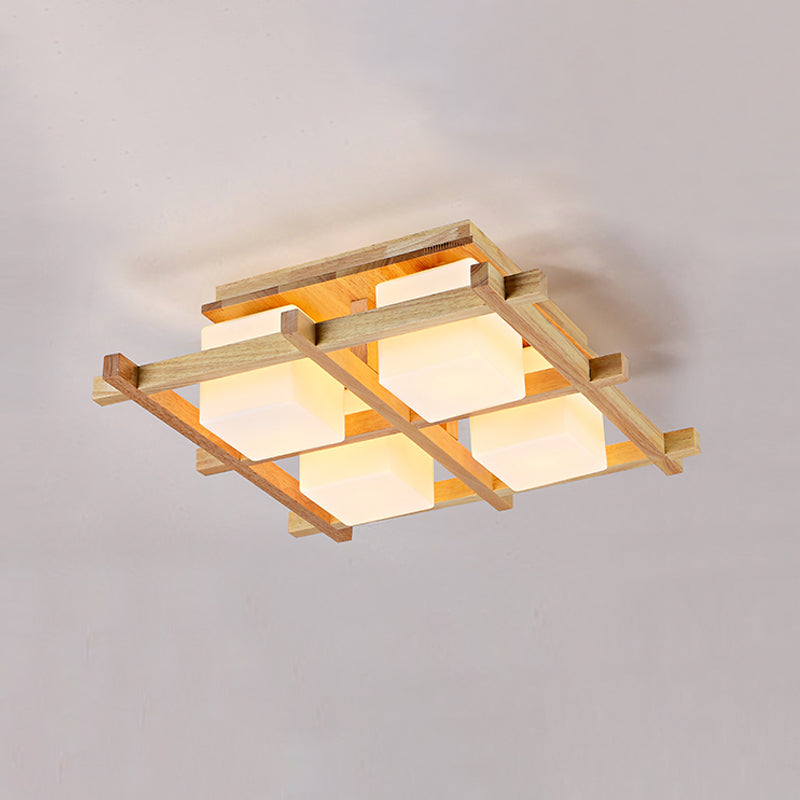 Wood Grid Semi Flush Mount Lamp Modern 4/6/9-Head Beige Ceiling Light with Square Milk Glass Shade Clearhalo 'Ceiling Lights' 'Close To Ceiling Lights' 'Close to ceiling' 'Semi-flushmount' Lighting' 1938213
