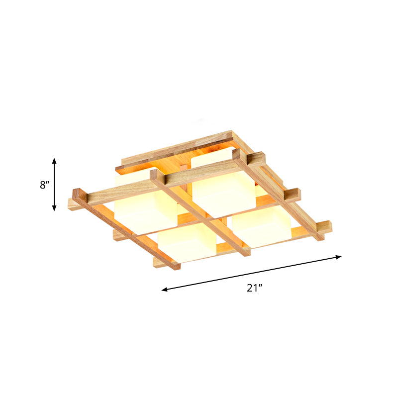 Wood Grid Semi Flush Mount Lamp Modern 4/6/9-Head Beige Ceiling Light with Square Milk Glass Shade Clearhalo 'Ceiling Lights' 'Close To Ceiling Lights' 'Close to ceiling' 'Semi-flushmount' Lighting' 1938214