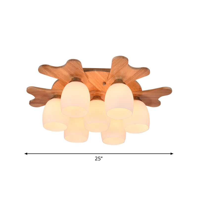 Cream Glass Bell Flush Ceiling Light Nordic 1/5/7-Head Semi Mount Lighting with Antler Top in Wood Clearhalo 'Ceiling Lights' 'Close To Ceiling Lights' 'Close to ceiling' 'Semi-flushmount' Lighting' 1938219