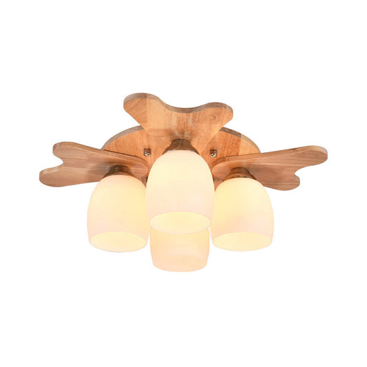 Cream Glass Bell Flush Ceiling Light Nordic 1/5/7-Head Semi Mount Lighting with Antler Top in Wood Clearhalo 'Ceiling Lights' 'Close To Ceiling Lights' 'Close to ceiling' 'Semi-flushmount' Lighting' 1938221