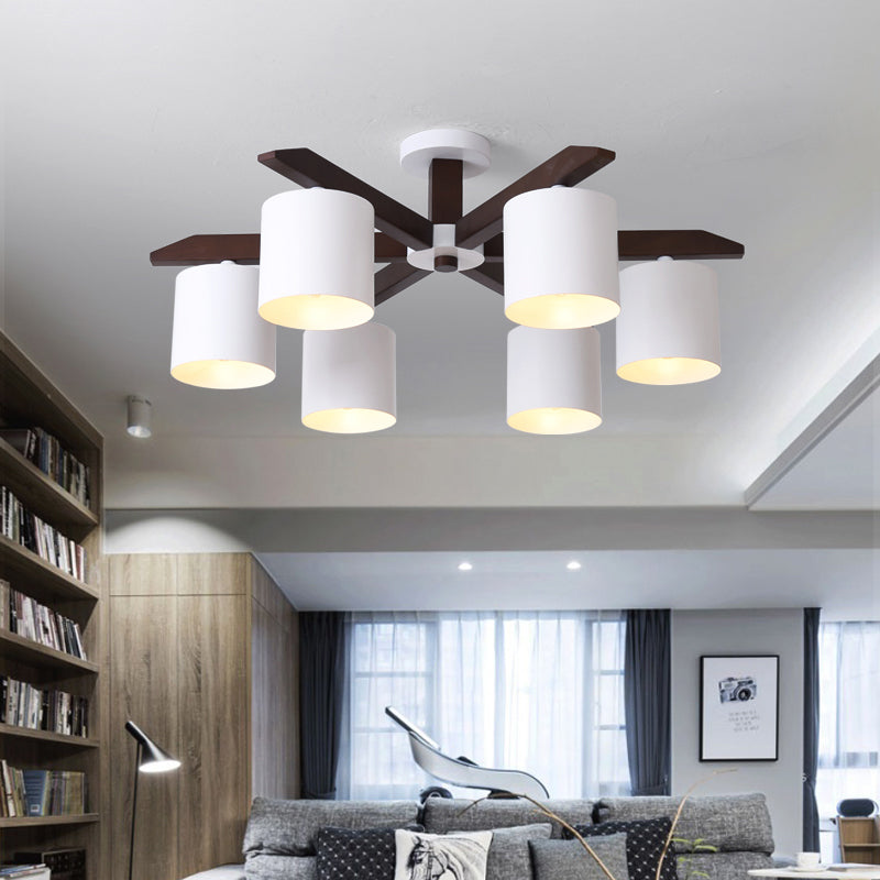 Bucket Living Room Ceiling Mount Chandelier Metallic 5/6/8-Bulb Modern Semi Flush Light in Brown and White 6 White Clearhalo 'Ceiling Lights' 'Close To Ceiling Lights' 'Close to ceiling' 'Semi-flushmount' Lighting' 1938246