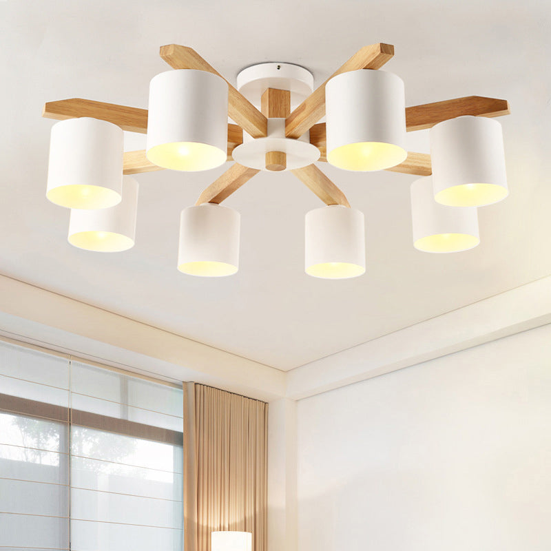 Sputnik Wooden Semi Mount Lighting Nordic 5/6/8-Light White Flush Ceiling Light with Cylindrical Metal Shade 8 White Clearhalo 'Ceiling Lights' 'Close To Ceiling Lights' 'Close to ceiling' 'Semi-flushmount' Lighting' 1938256