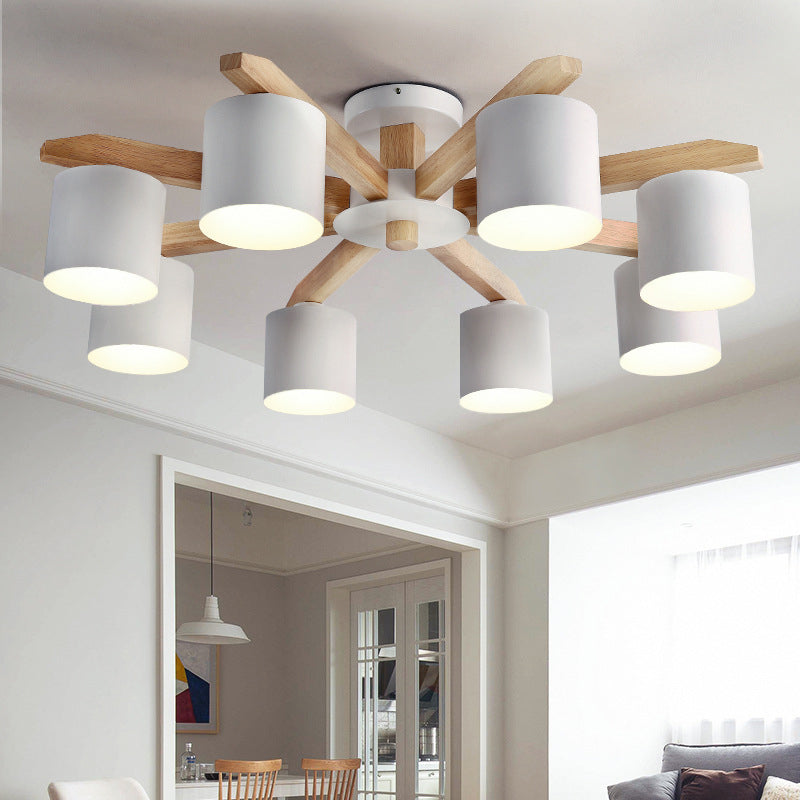 Sputnik Wooden Semi Mount Lighting Nordic 5/6/8-Light White Flush Ceiling Light with Cylindrical Metal Shade Clearhalo 'Ceiling Lights' 'Close To Ceiling Lights' 'Close to ceiling' 'Semi-flushmount' Lighting' 1938257