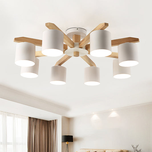 Sputnik Wooden Semi Mount Lighting Nordic 5/6/8-Light White Flush Ceiling Light with Cylindrical Metal Shade Clearhalo 'Ceiling Lights' 'Close To Ceiling Lights' 'Close to ceiling' 'Semi-flushmount' Lighting' 1938258
