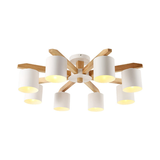 Sputnik Wooden Semi Mount Lighting Nordic 5/6/8-Light White Flush Ceiling Light with Cylindrical Metal Shade Clearhalo 'Ceiling Lights' 'Close To Ceiling Lights' 'Close to ceiling' 'Semi-flushmount' Lighting' 1938259
