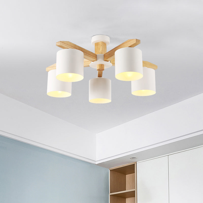 Sputnik Wooden Semi Mount Lighting Nordic 5/6/8-Light White Flush Ceiling Light with Cylindrical Metal Shade 5 White Clearhalo 'Ceiling Lights' 'Close To Ceiling Lights' 'Close to ceiling' 'Semi-flushmount' Lighting' 1938261