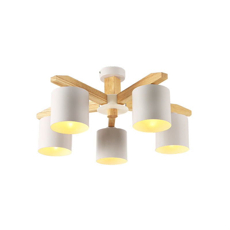 Sputnik Wooden Semi Mount Lighting Nordic 5/6/8-Light White Flush Ceiling Light with Cylindrical Metal Shade Clearhalo 'Ceiling Lights' 'Close To Ceiling Lights' 'Close to ceiling' 'Semi-flushmount' Lighting' 1938264