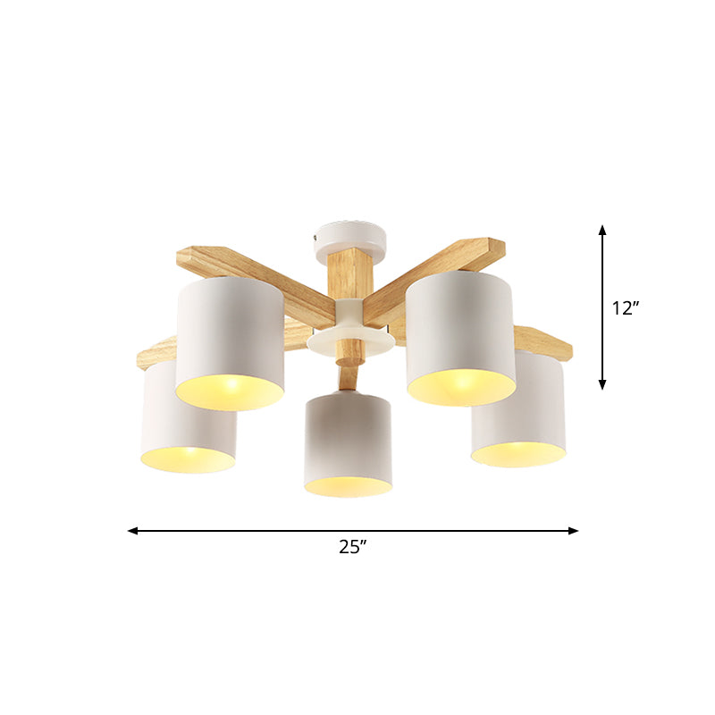 Sputnik Wooden Semi Mount Lighting Nordic 5/6/8-Light White Flush Ceiling Light with Cylindrical Metal Shade Clearhalo 'Ceiling Lights' 'Close To Ceiling Lights' 'Close to ceiling' 'Semi-flushmount' Lighting' 1938265