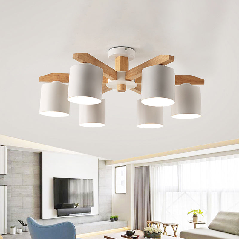Sputnik Wooden Semi Mount Lighting Nordic 5/6/8-Light White Flush Ceiling Light with Cylindrical Metal Shade 6 White Clearhalo 'Ceiling Lights' 'Close To Ceiling Lights' 'Close to ceiling' 'Semi-flushmount' Lighting' 1938266
