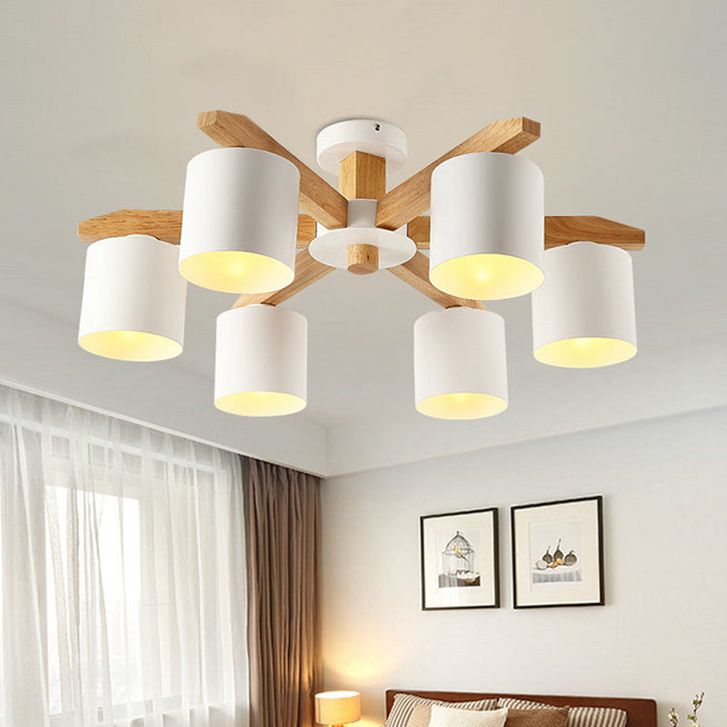 Sputnik Wooden Semi Mount Lighting Nordic 5/6/8-Light White Flush Ceiling Light with Cylindrical Metal Shade Clearhalo 'Ceiling Lights' 'Close To Ceiling Lights' 'Close to ceiling' 'Semi-flushmount' Lighting' 1938267