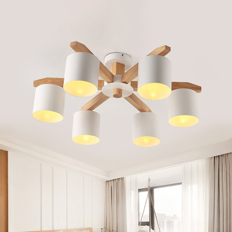 Sputnik Wooden Semi Mount Lighting Nordic 5/6/8-Light White Flush Ceiling Light with Cylindrical Metal Shade Clearhalo 'Ceiling Lights' 'Close To Ceiling Lights' 'Close to ceiling' 'Semi-flushmount' Lighting' 1938268