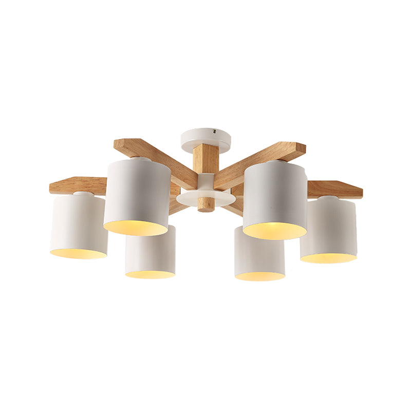 Sputnik Wooden Semi Mount Lighting Nordic 5/6/8-Light White Flush Ceiling Light with Cylindrical Metal Shade Clearhalo 'Ceiling Lights' 'Close To Ceiling Lights' 'Close to ceiling' 'Semi-flushmount' Lighting' 1938269