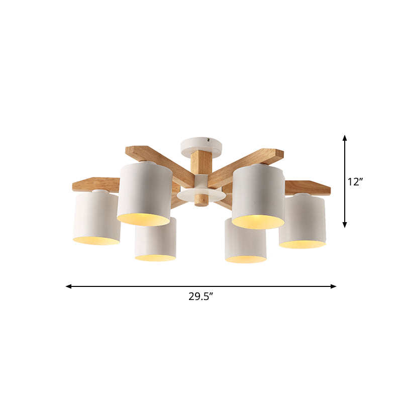 Sputnik Wooden Semi Mount Lighting Nordic 5/6/8-Light White Flush Ceiling Light with Cylindrical Metal Shade Clearhalo 'Ceiling Lights' 'Close To Ceiling Lights' 'Close to ceiling' 'Semi-flushmount' Lighting' 1938270