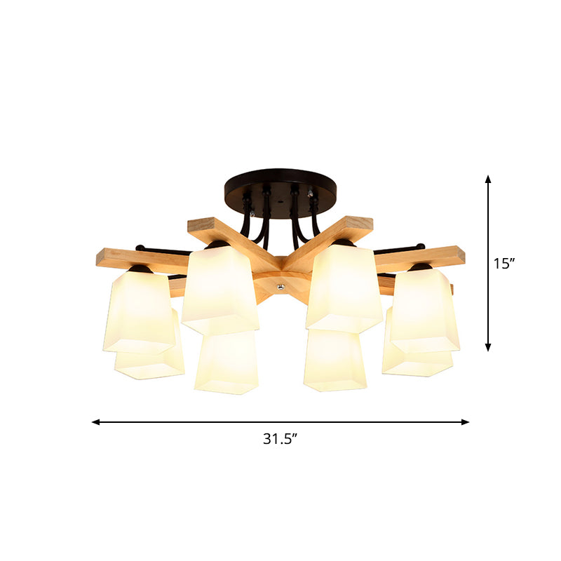 3/6/8 Lights Living Room Semi Flush Nordic Black and Wood Flush Mount Ceiling Chandelier with Square Milk Glass Shade Clearhalo 'Ceiling Lights' 'Close To Ceiling Lights' 'Close to ceiling' 'Semi-flushmount' Lighting' 1938275