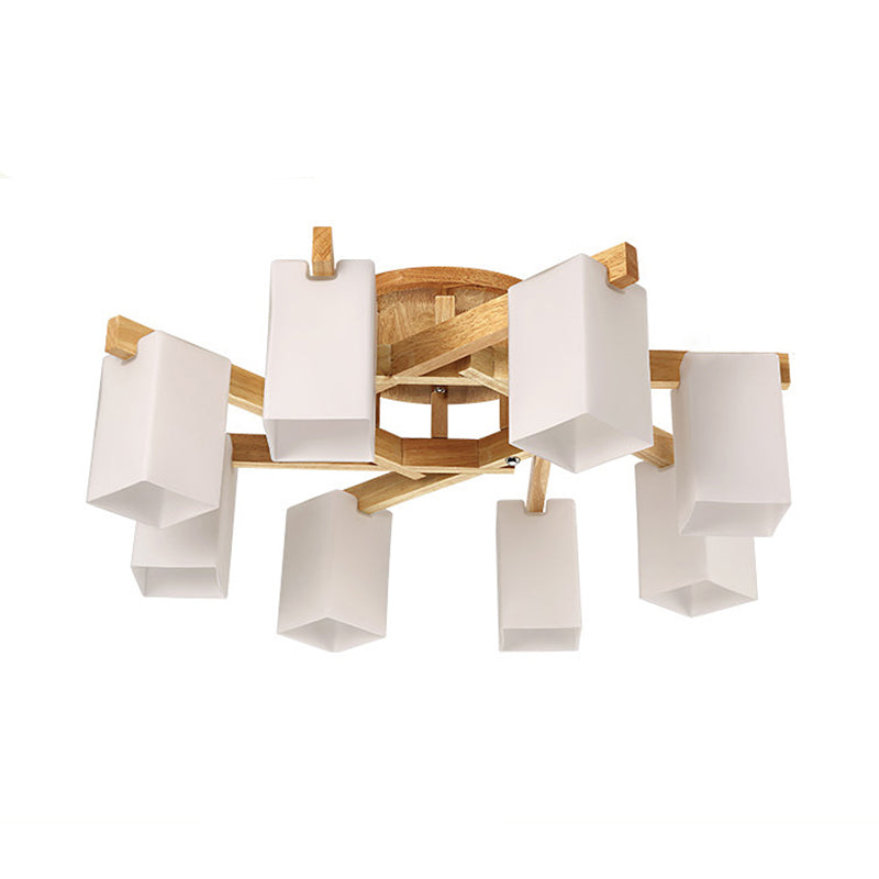 Cuboid Cream Glass Close to Ceiling Lamp Nordic 3/5/8 Bulbs Beige Semi Flush Mount Light for Living Room Clearhalo 'Ceiling Lights' 'Close To Ceiling Lights' 'Close to ceiling' 'Semi-flushmount' Lighting' 1938288