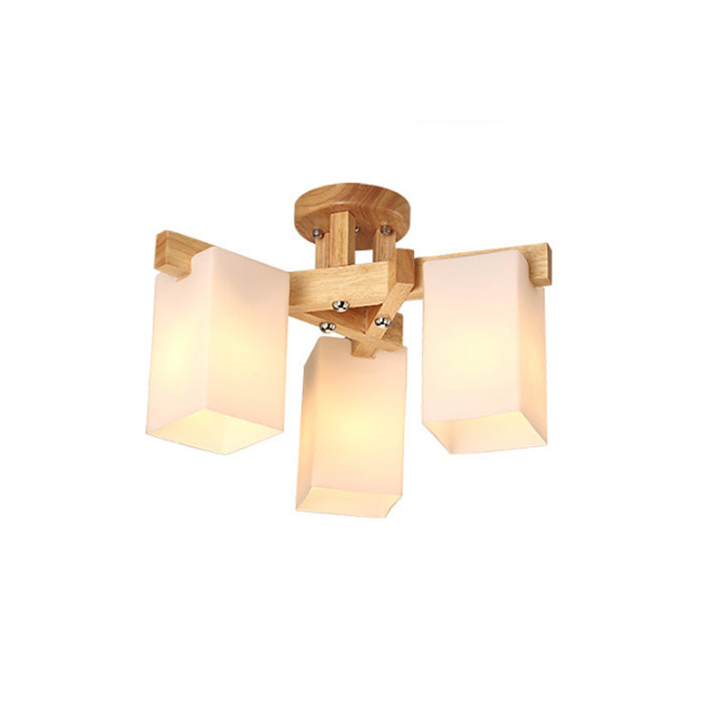Cuboid Cream Glass Close to Ceiling Lamp Nordic 3/5/8 Bulbs Beige Semi Flush Mount Light for Living Room Clearhalo 'Ceiling Lights' 'Close To Ceiling Lights' 'Close to ceiling' 'Semi-flushmount' Lighting' 1938294