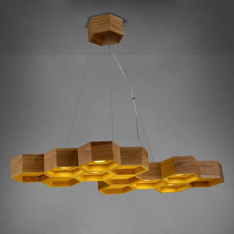 Modernism Beehive Suspension Light Wooden 6-Light Dining Room Chandelier Pendant in Brown Clearhalo 'Ceiling Lights' 'Chandeliers' 'Modern Chandeliers' 'Modern' Lighting' 1938298