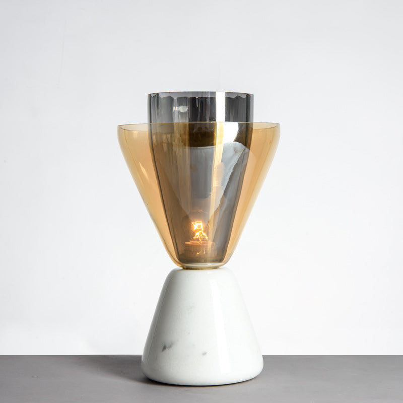 Inverted Double Conical Table Lamp Post-Modern Amber and Smoke Grey Glass Single Living Room Night Light in White White Clearhalo 'Lamps' 'Table Lamps' Lighting' 1938301