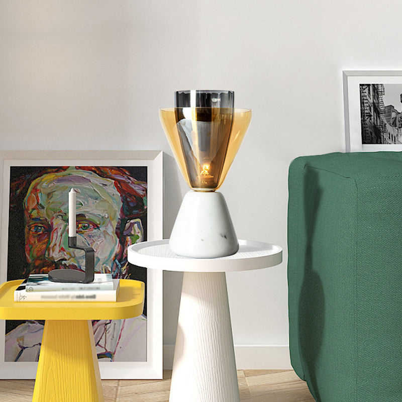 Inverted Double Conical Table Lamp Post-Modern Amber and Smoke Grey Glass Single Living Room Night Light in White Clearhalo 'Lamps' 'Table Lamps' Lighting' 1938302