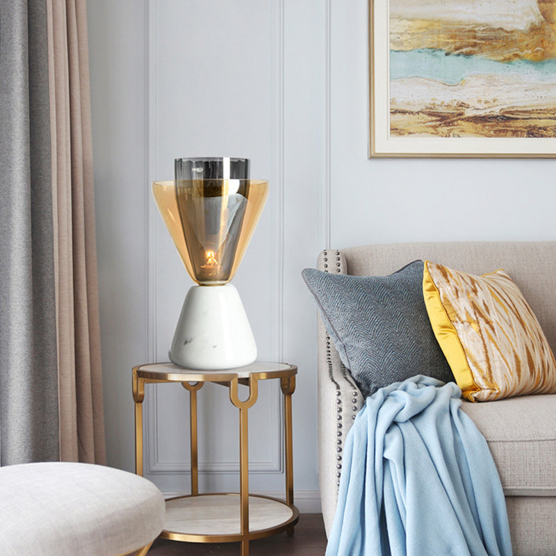 Inverted Double Conical Table Lamp Post-Modern Amber and Smoke Grey Glass Single Living Room Night Light in White Clearhalo 'Lamps' 'Table Lamps' Lighting' 1938303