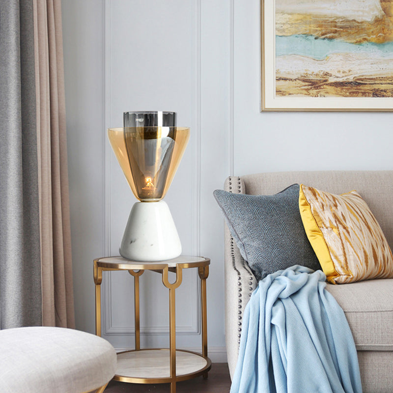 Inverted Double Conical Table Lamp Post-Modern Amber and Smoke Grey Glass Single Living Room Night Light in White Clearhalo 'Lamps' 'Table Lamps' Lighting' 1938303