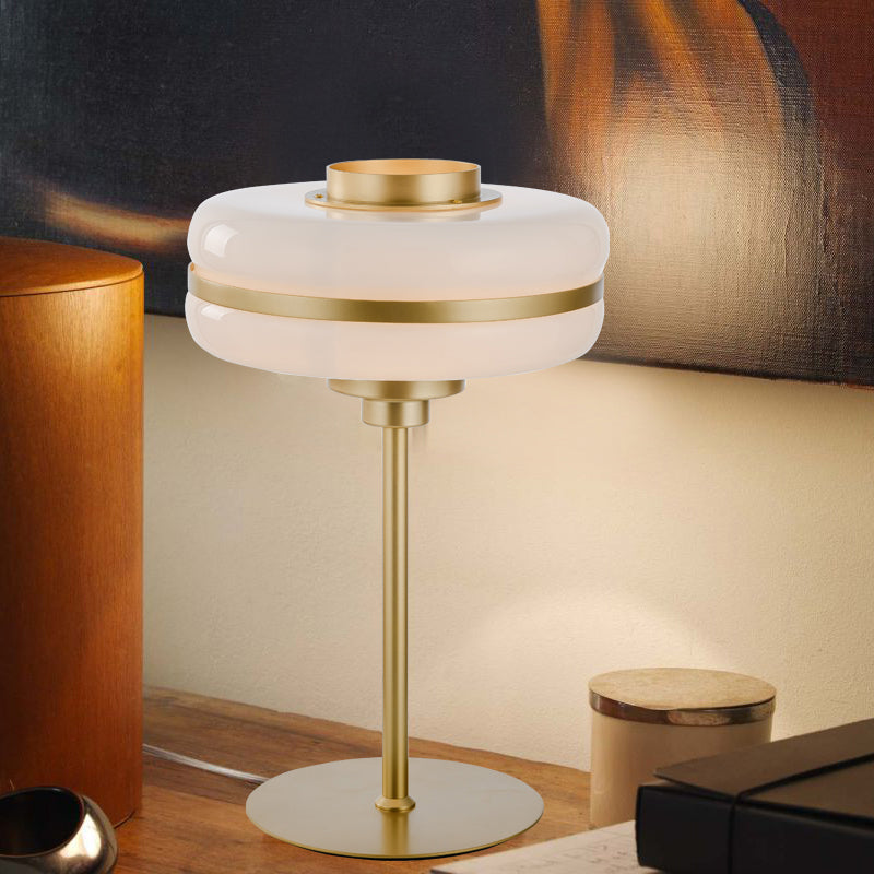 Postmodern Single-Bulb Night Lamp Gold Cylinder/Ball/Tapered Plug-in Table Light with Frosted White/Clear Glass Shade Gold D without Remote Clearhalo 'Lamps' 'Table Lamps' Lighting' 1938322